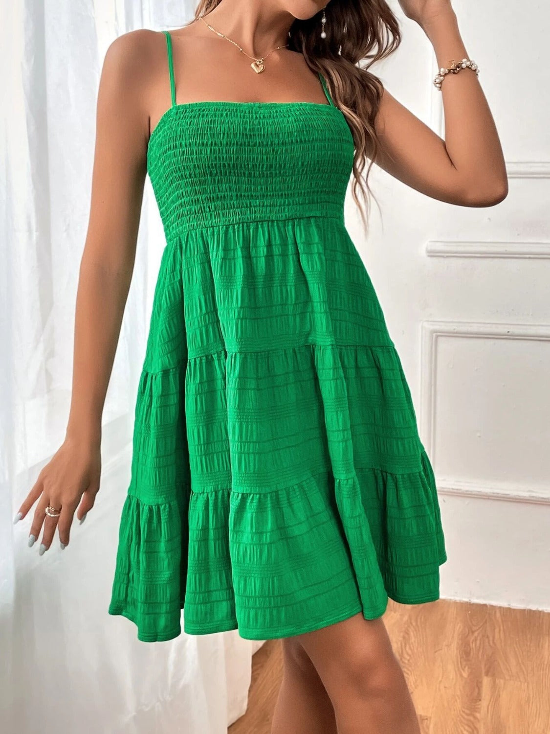 Tiered Smocked Square Neck Cami Dress Green S 