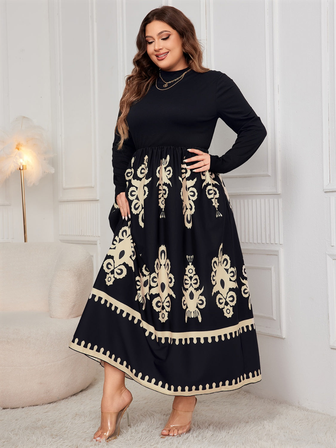 Plus Size Printed Mock Neck Long Sleeve Dress   