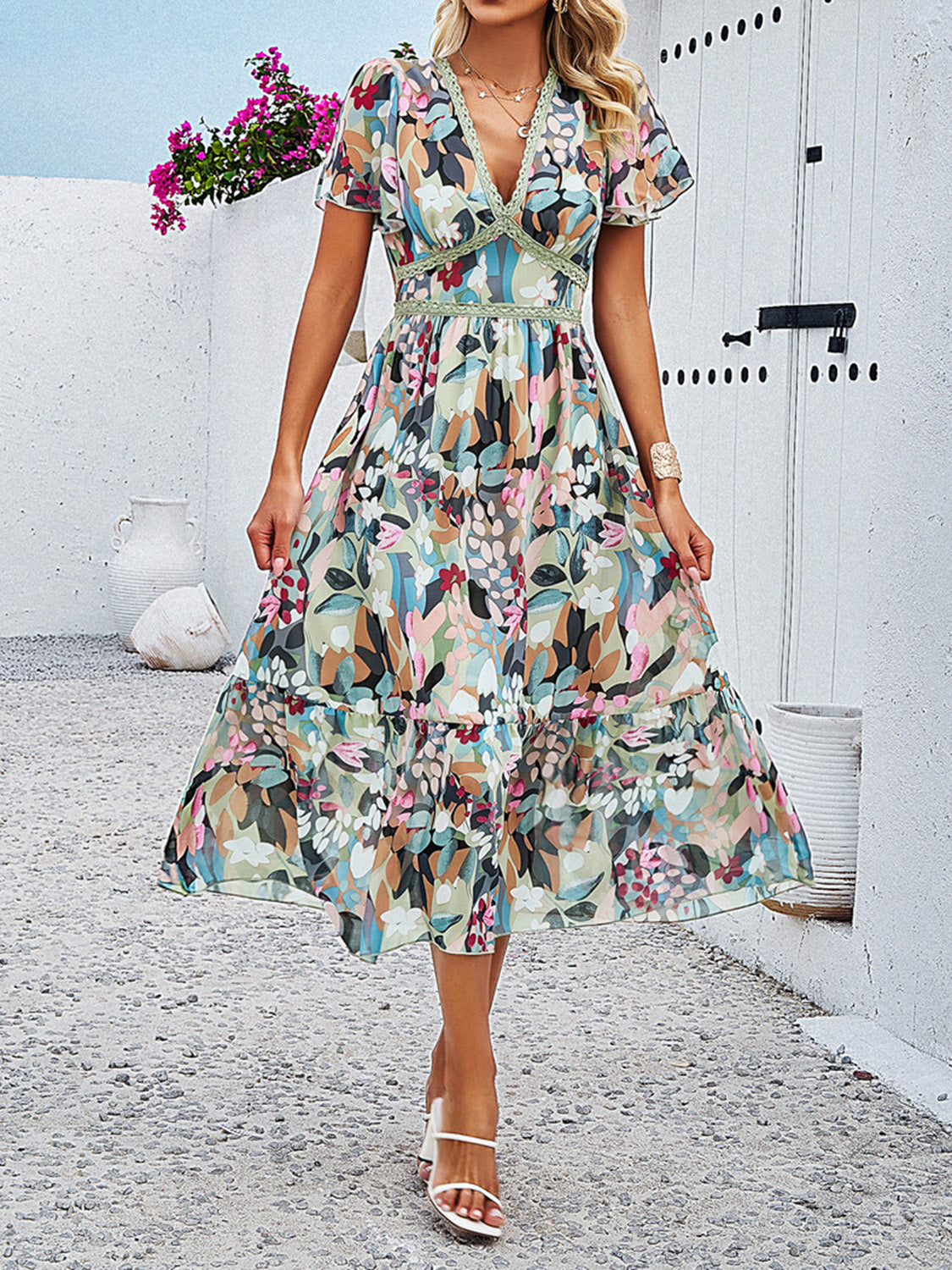 Printed V-Neck Flutter Sleeve Midi Dress   