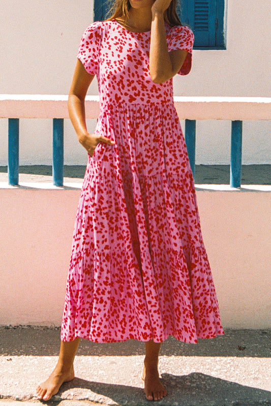 Printed Round Neck Short Sleeve Midi Dress Dusty Pink S 