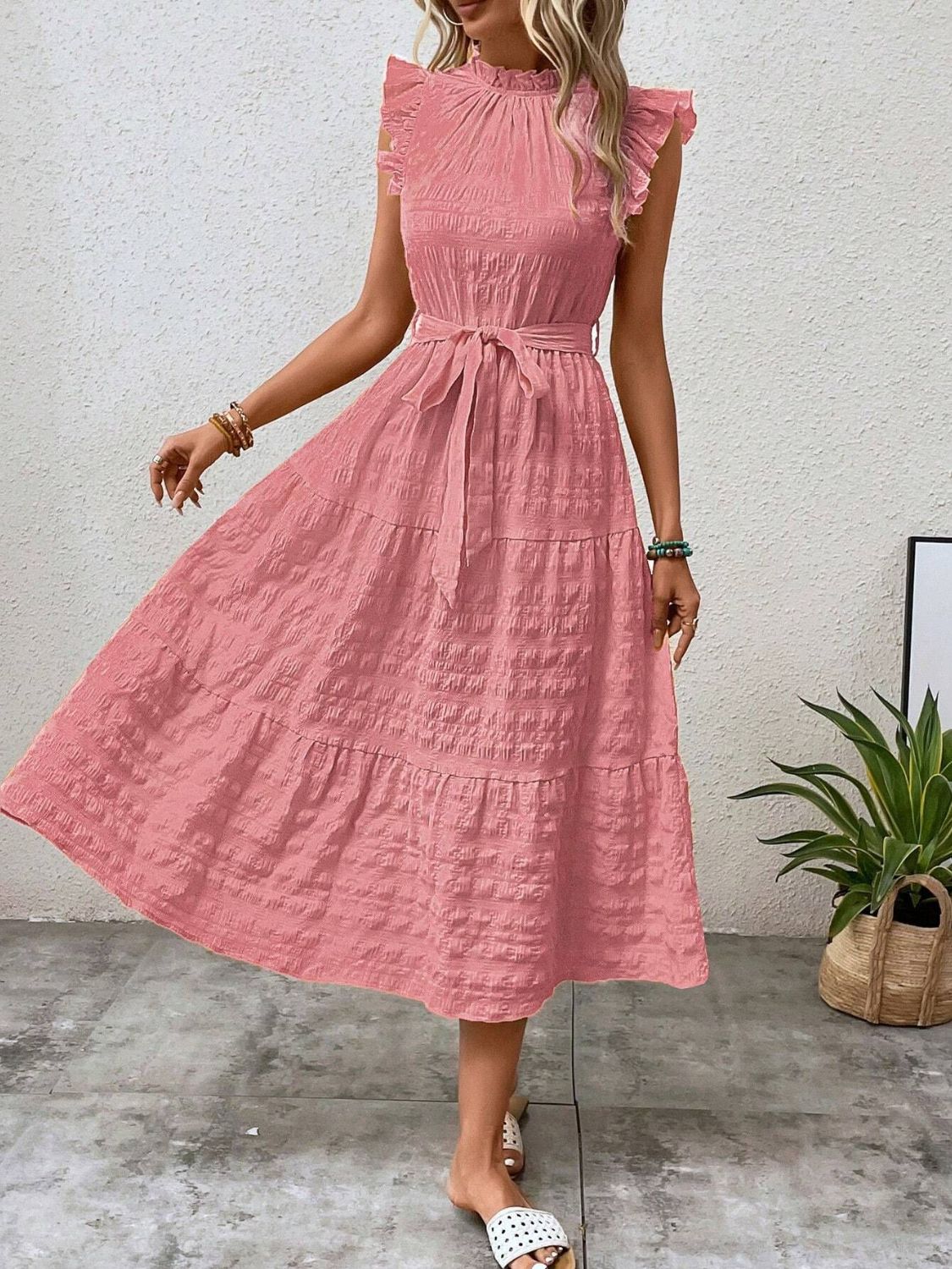 Tied Ruffled Cap Sleeve Midi Dress Burnt Coral S 