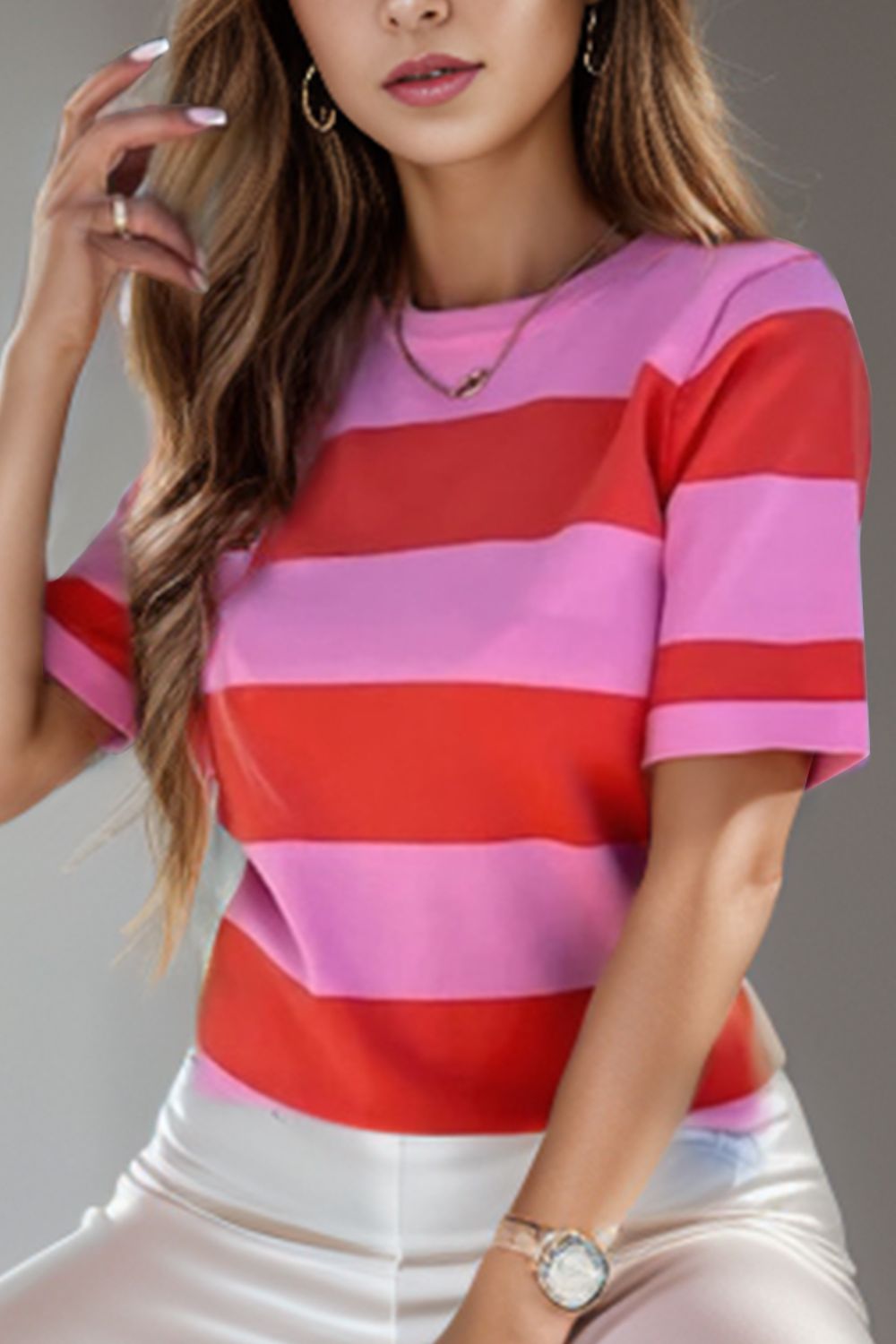 STUNNLY  Color Block Round Neck Short Sleeve T-Shirt Carnation Pink M 