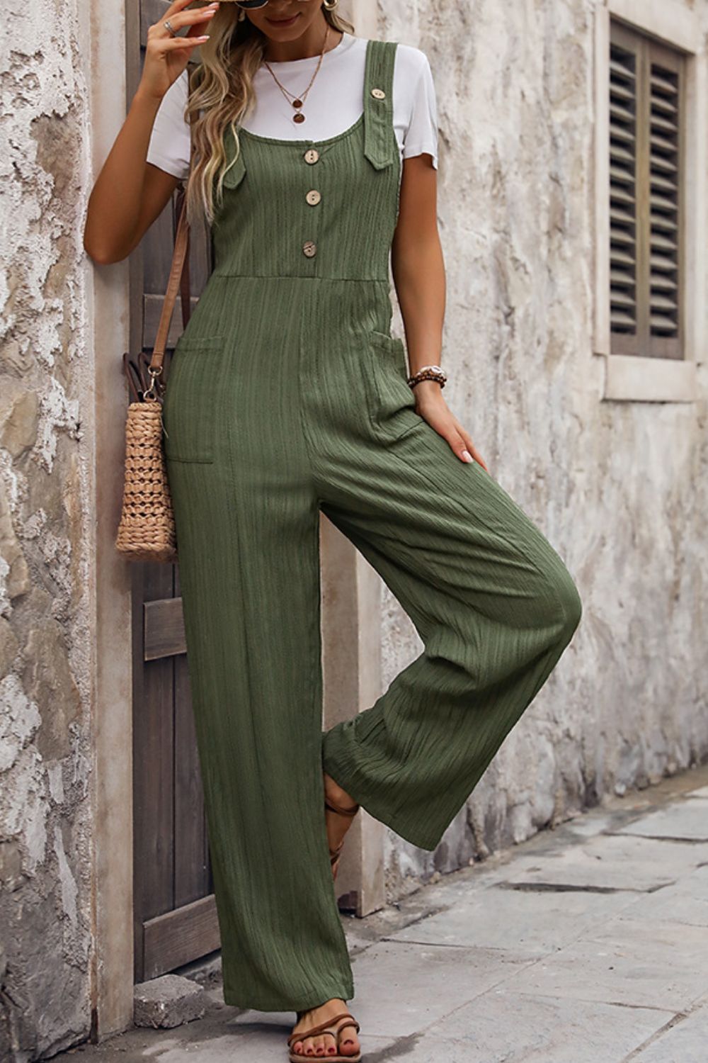 Textured Pocketed Wide Strap Overalls Moss S 