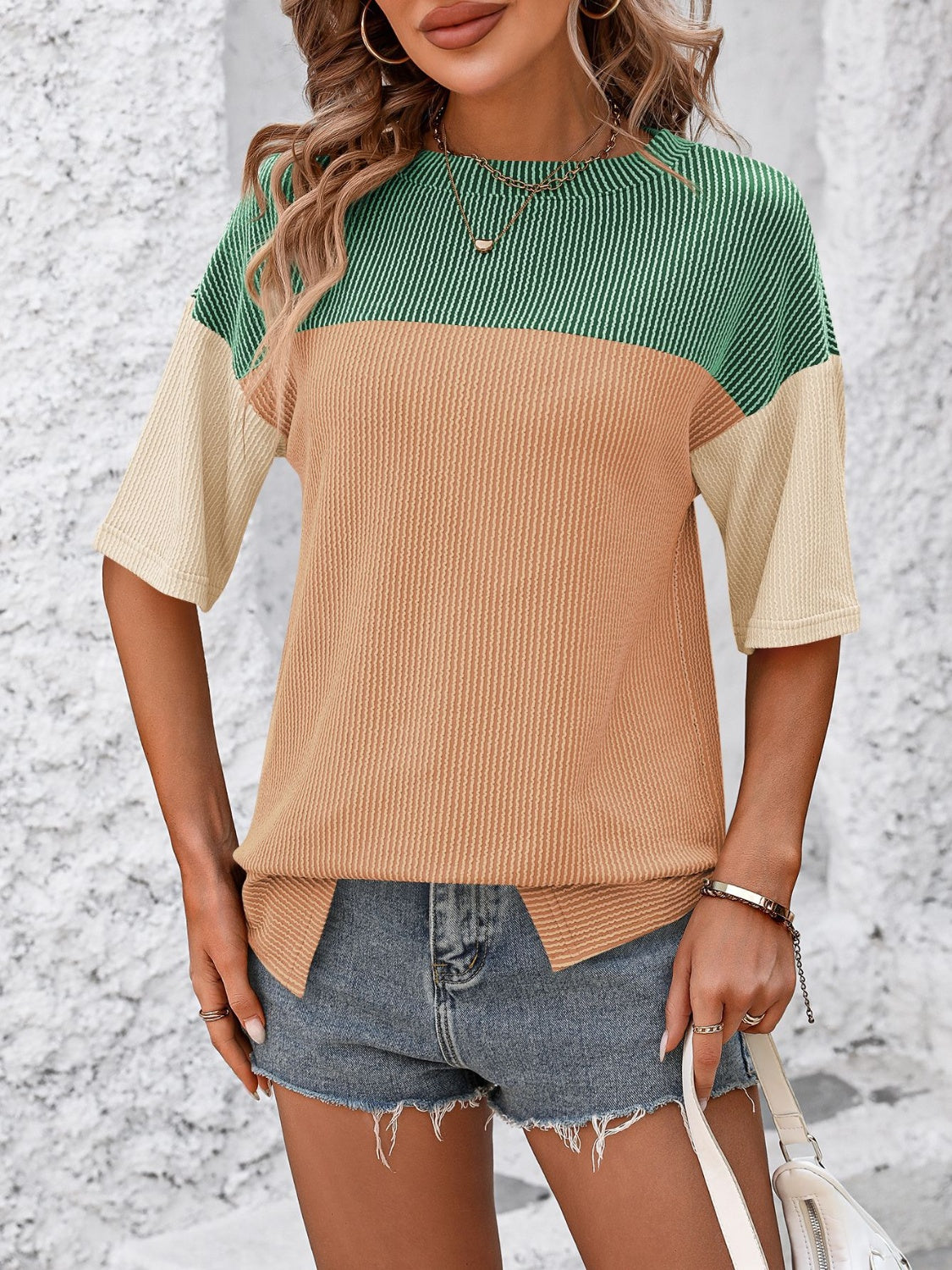 STUNNLY  Color Block Round Neck Half Sleeve T-Shirt   