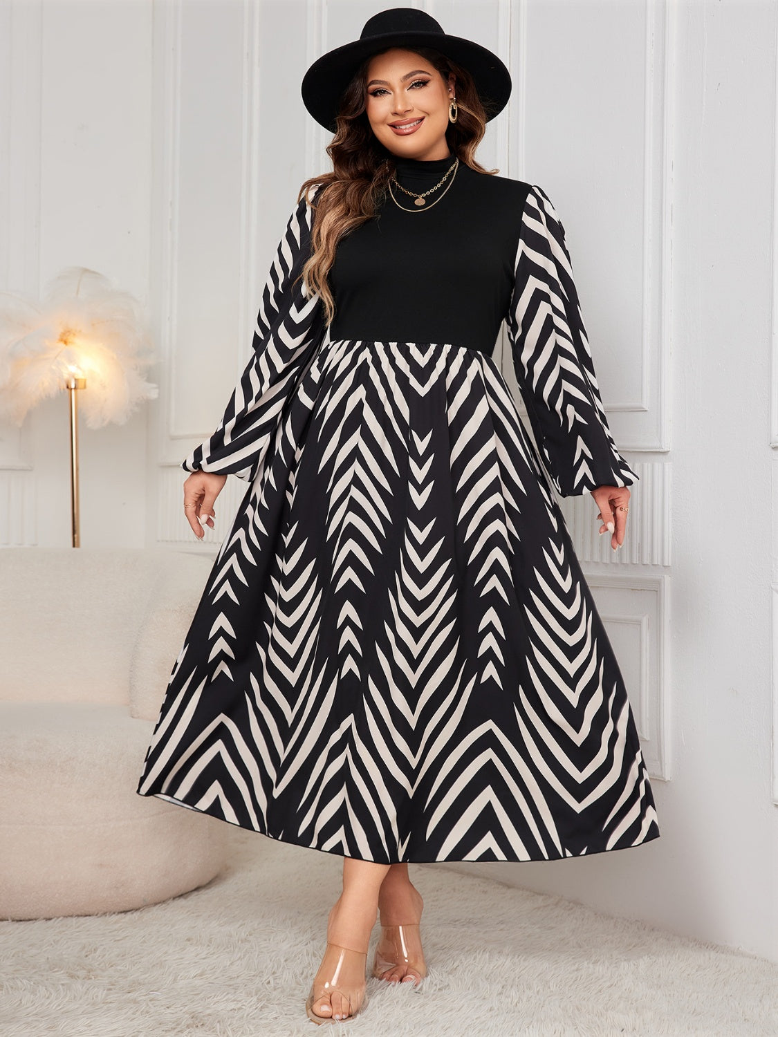 Plus Size Printed Mock Neck Long Sleeve Midi Dress   