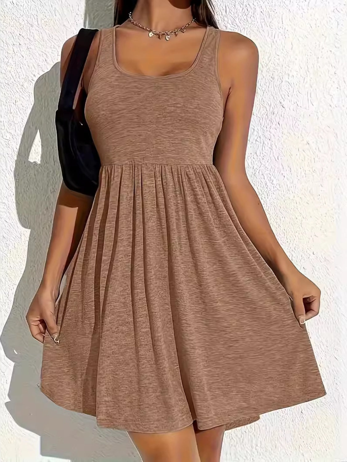 Full Size Square Neck Sleeveless Mini Dress Taupe S 