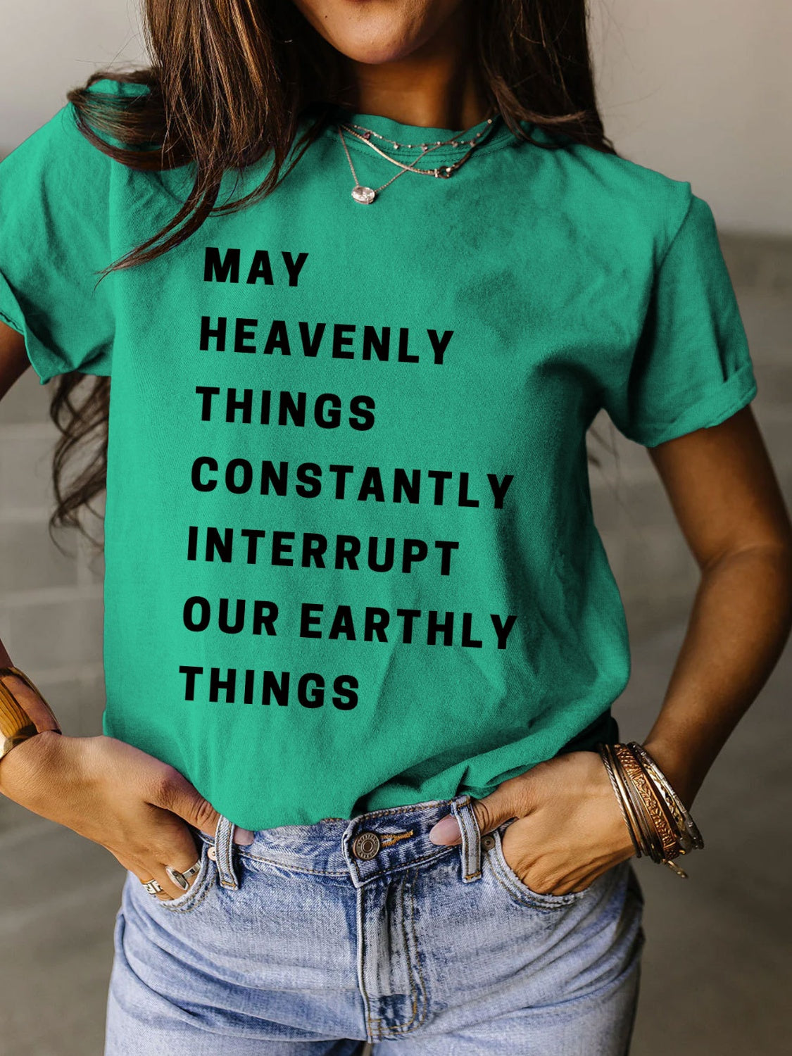 STUNNLY  Full Size Letter Graphic Round Neck Short Sleeve T-Shirt Turquoise S 