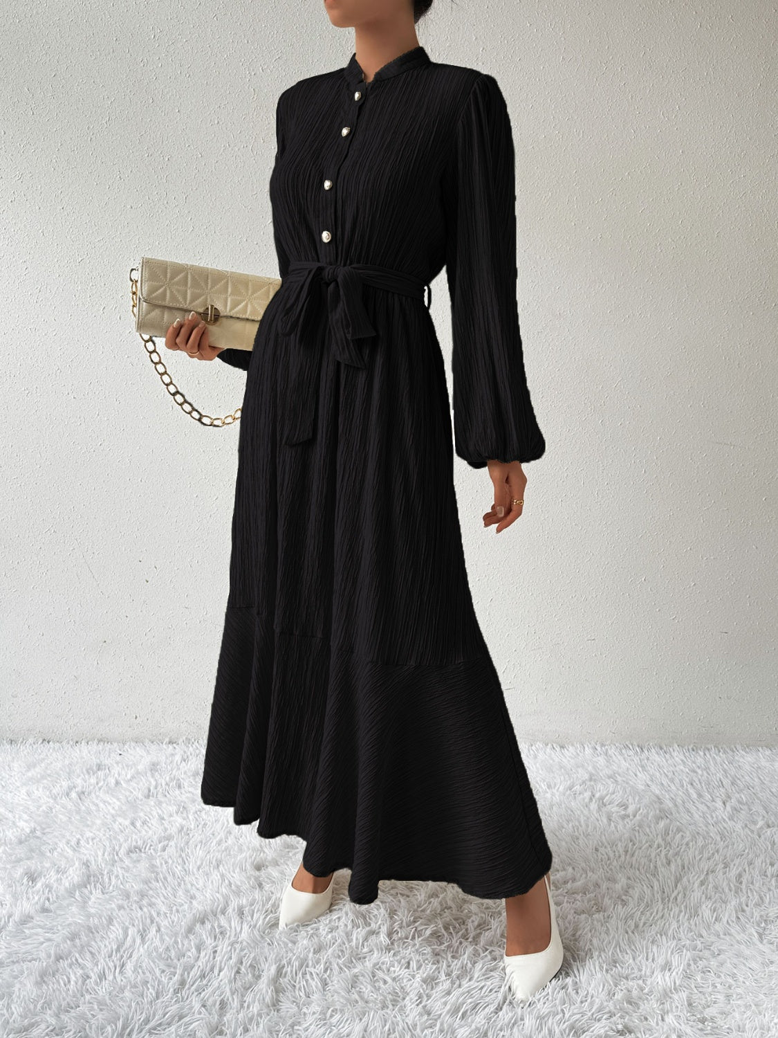 Tie Waist Long Sleeve Dress   