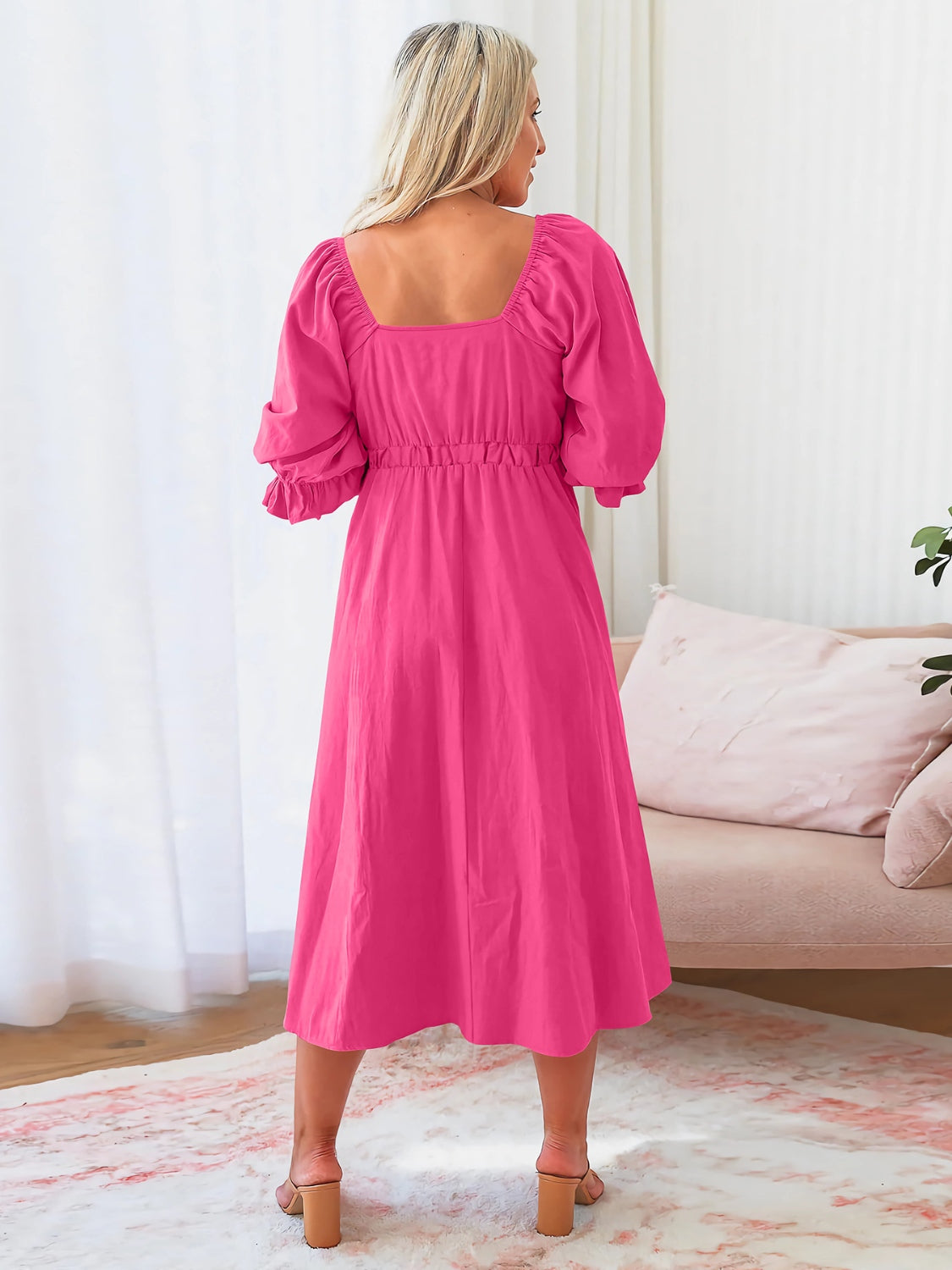 Sweetheart Neck Flounce Sleeve Midi Dress   