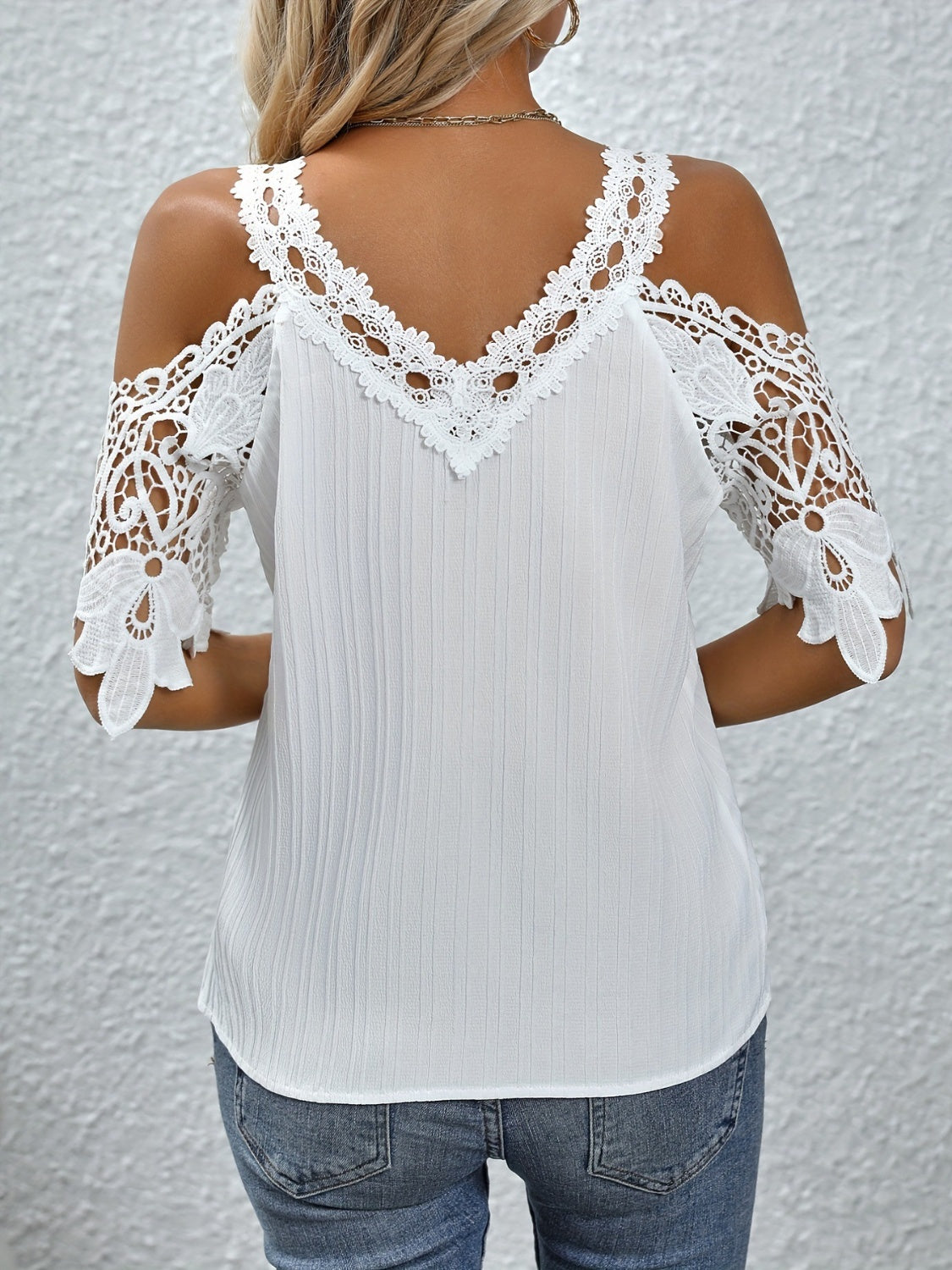 Lace Detail V-Neck Cold Shoulder Blouse   