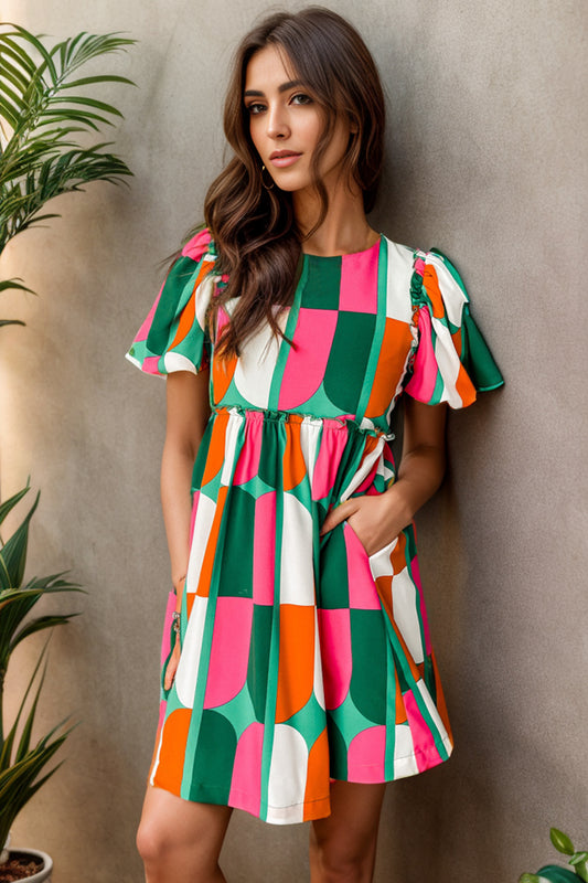STUNNLY  Color Block Round Neck Short Sleeve Dress Multicolor S 