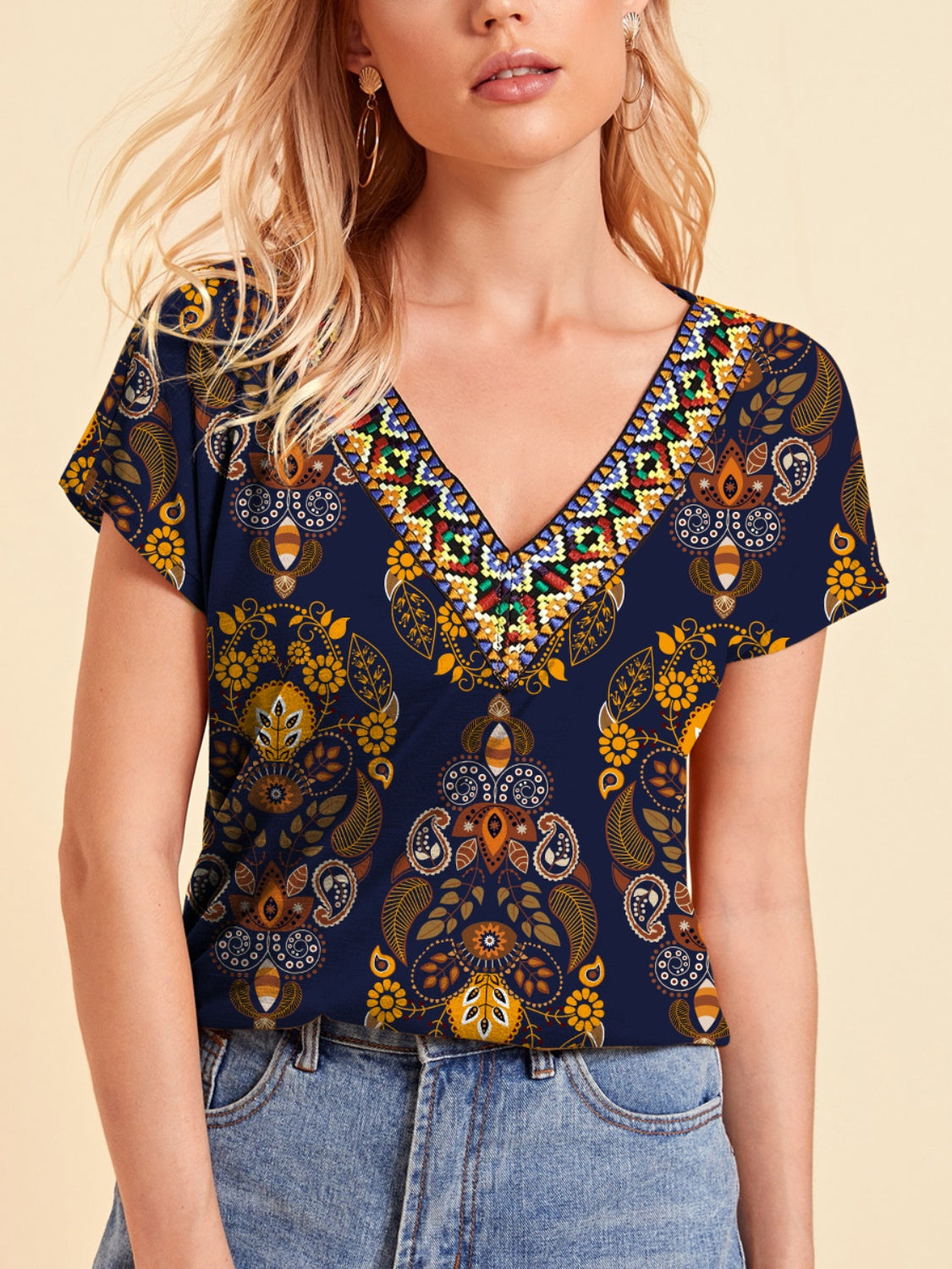 STUNNLY  Printed V-Neck Short Sleeve T-Shirt Multicolor S 