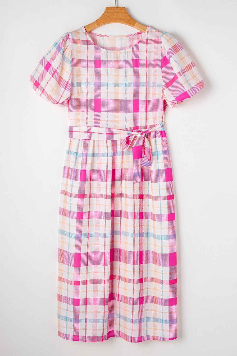 Tied Plaid Round Neck Short Sleeve Dress Blush Pink S 