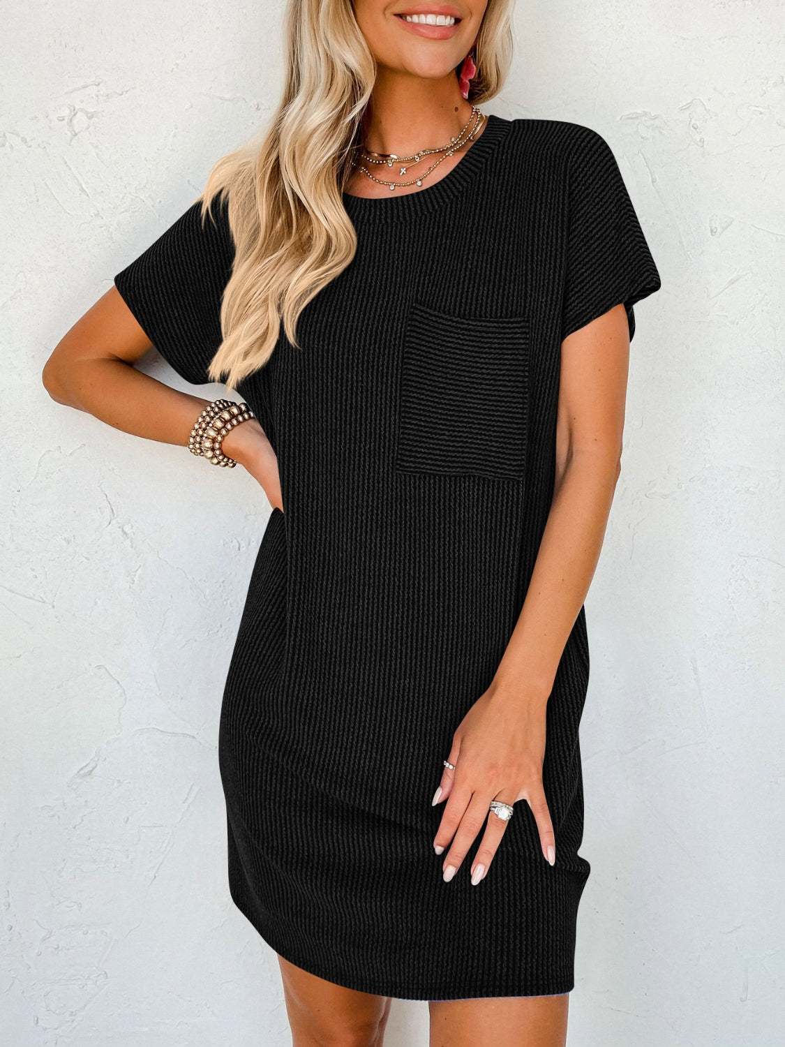 Round Neck Short Sleeve Mini Dress   