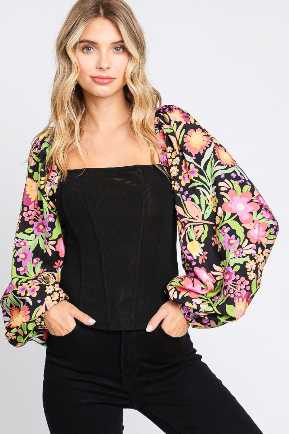 STUNNLY  ODDI Full Size Floral Balloon Sleeve Blouse Black S 