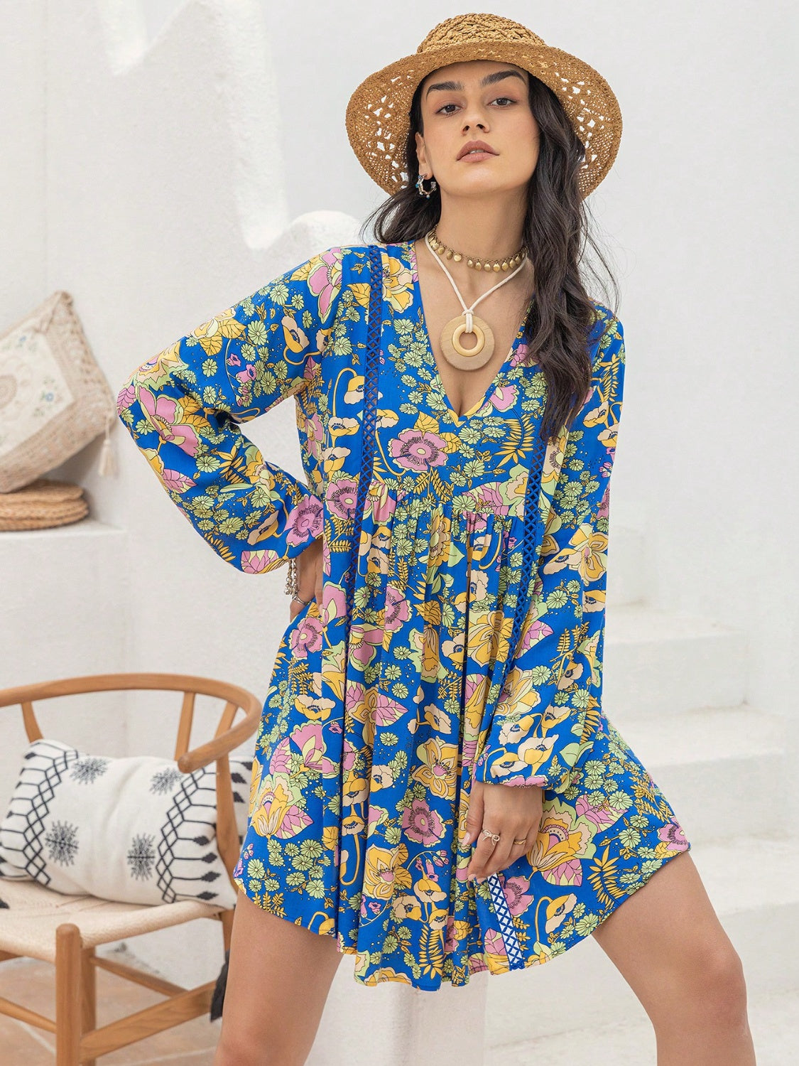 Printed V-Neck Balloon Sleeve Mini Dress   