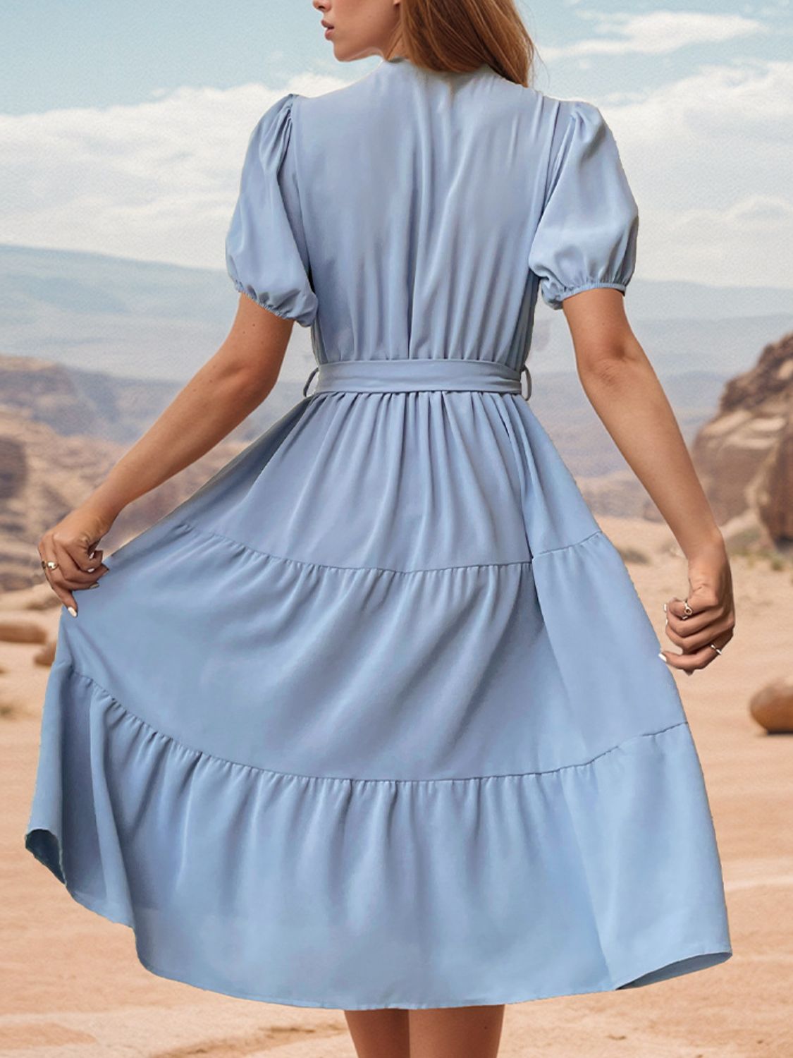 Tie Waist Puff Sleeve Midi Dress   