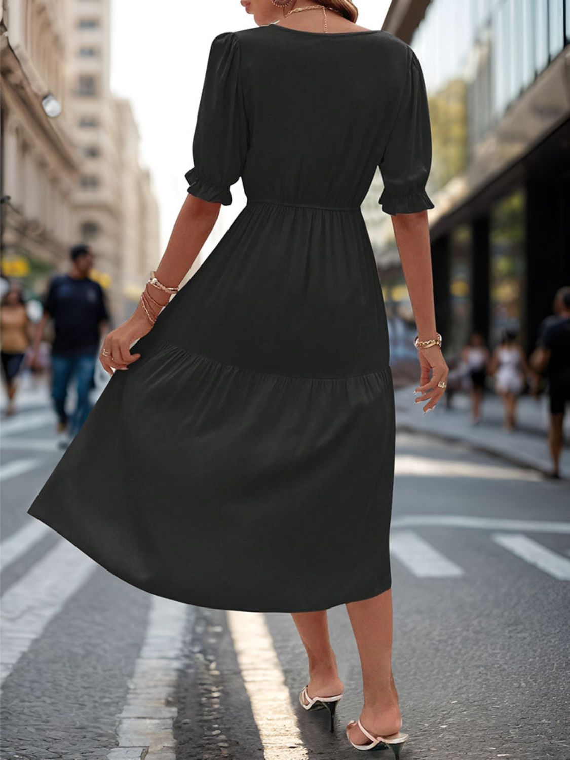 Ruched V-Neck Half Sleeve Midi Dress   