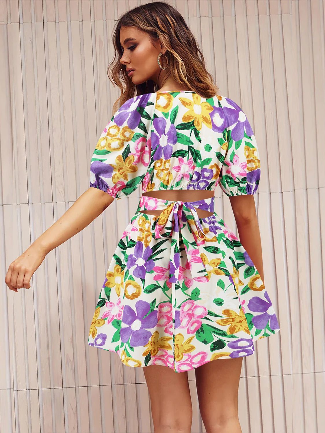 Printed Surplice Short Sleeve Dress   