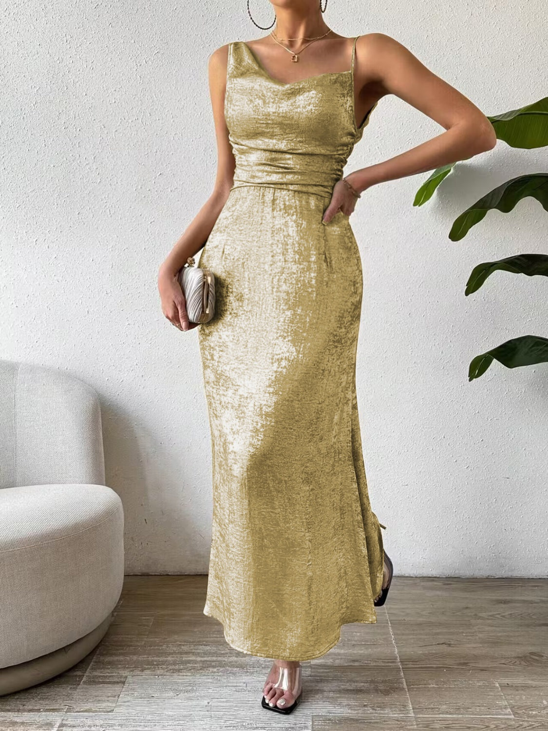 Asymmetric Neck Sleeveless Midi Dress   