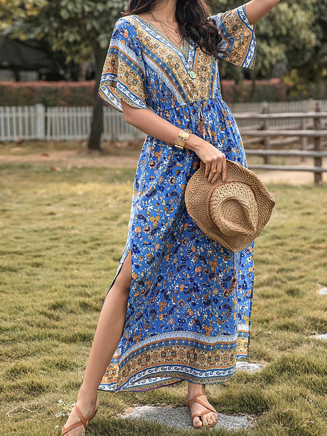 Slit Printed V-Neck Half Sleeve Maxi Dress   