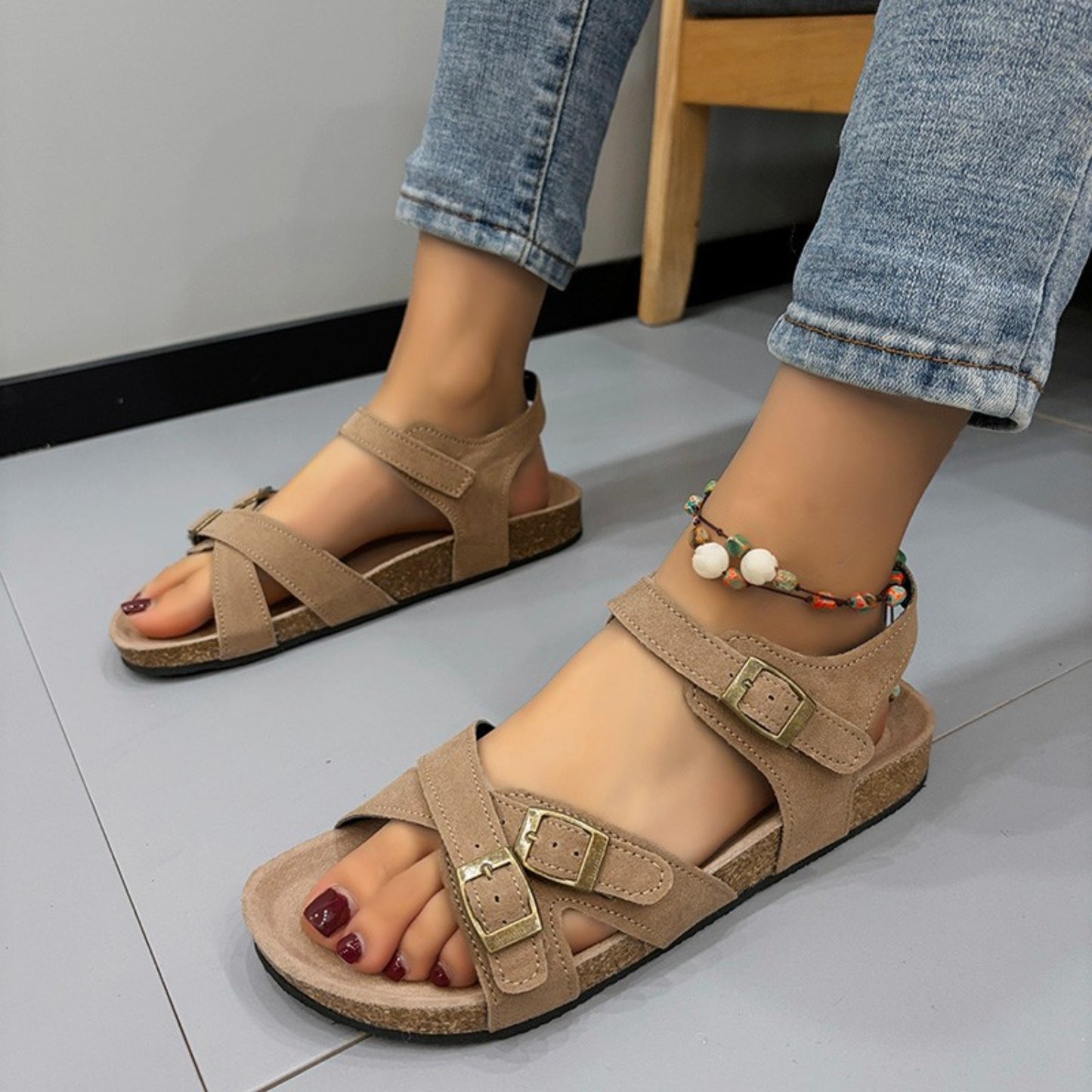 Open Toe Flat Buckle Sandals Khaki 36(US5) 