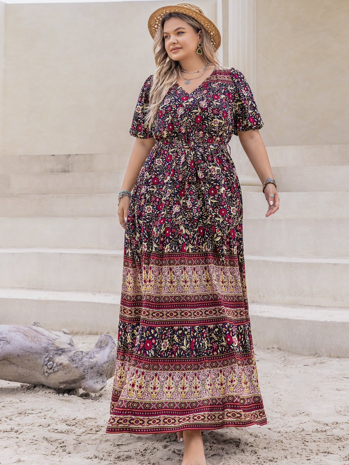 Plus Size Printed V-Neck Short Sleeve Maxi Dress   