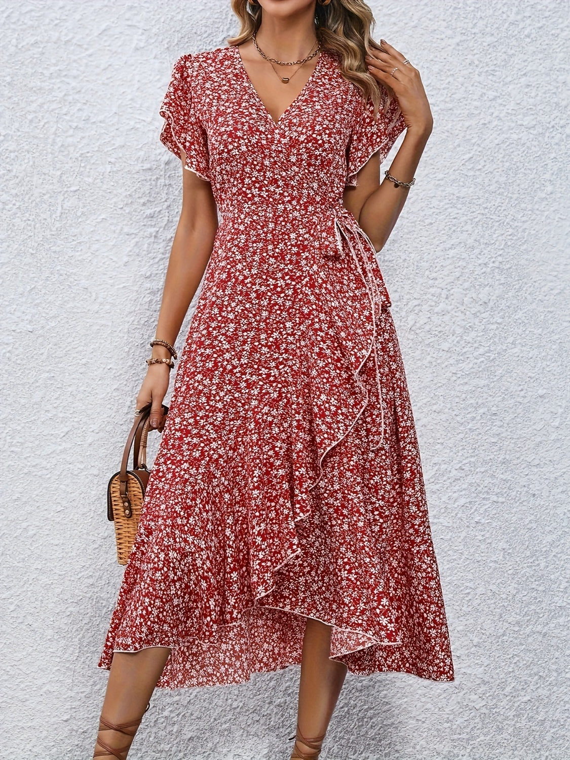 Printed Surplice Flutter Sleeve Midi Dress   