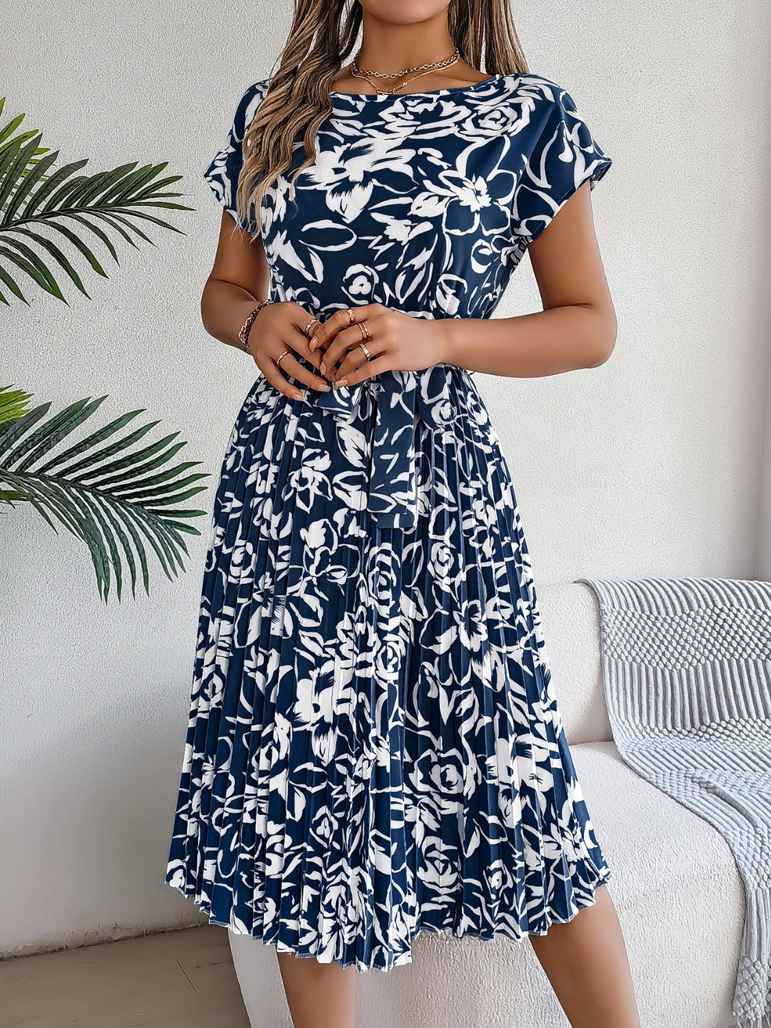 Tied Pleated Printed Short Sleeve Dress   