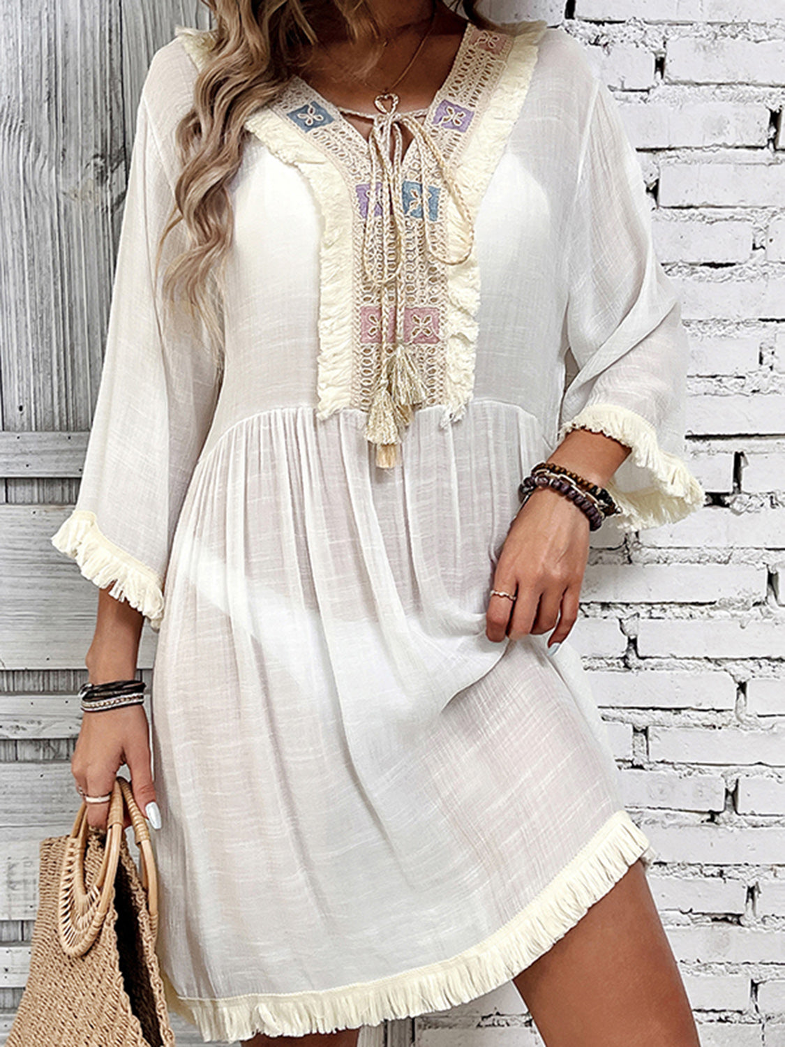 Fringe Tie Neck Three-Quarter Sleeve Cover Up White One Size 