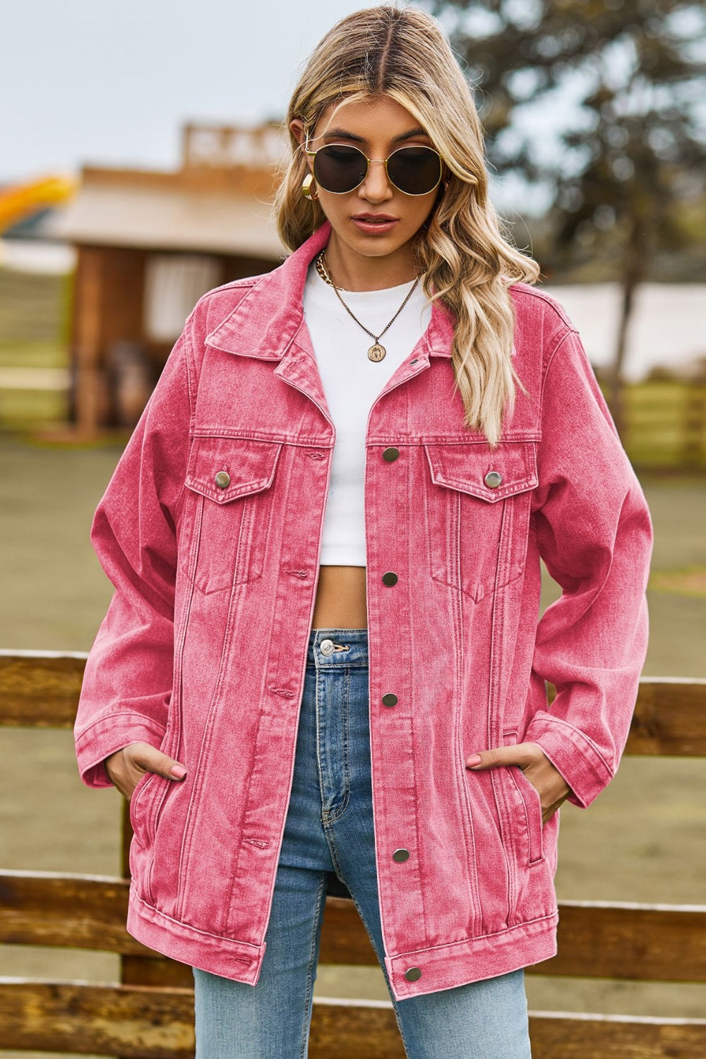 Buttoned Collared Neck Denim Jacket with Pockets Coral S 