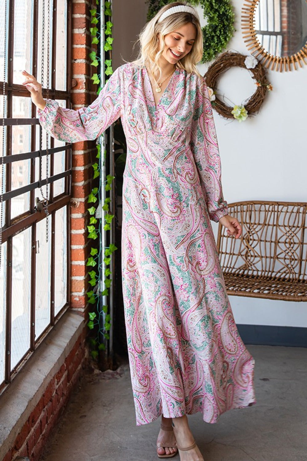 First Love Paisley Print Tie-Back Long Sleeve Maxi Dress   