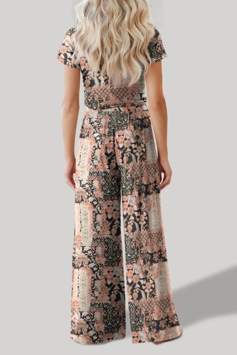 STUNNLY  Printed Round Neck Short Sleeve Top and Pants Set   