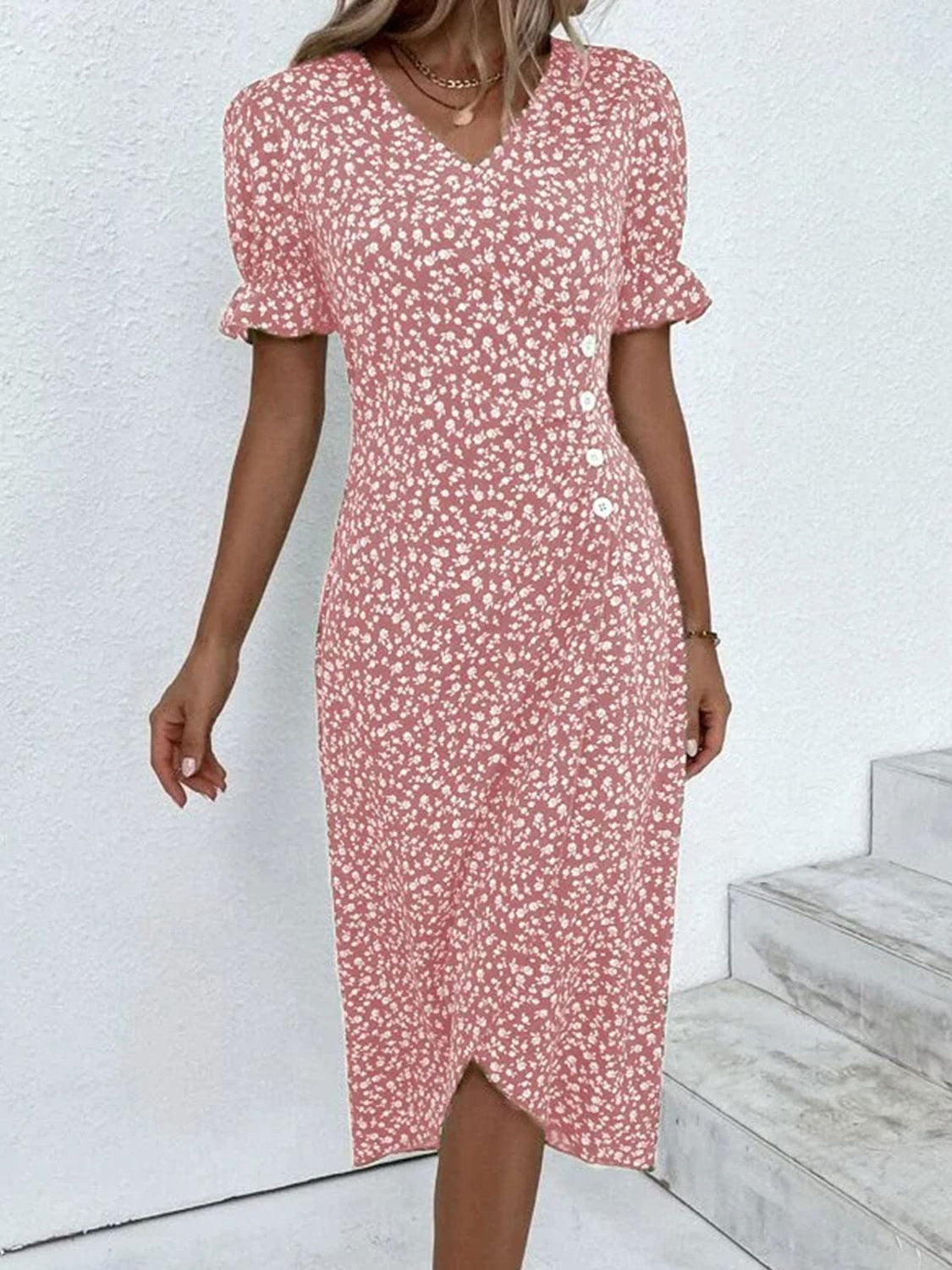 Full Size Printed Surplice Flounce Sleeve Midi Dress Dusty Pink S 