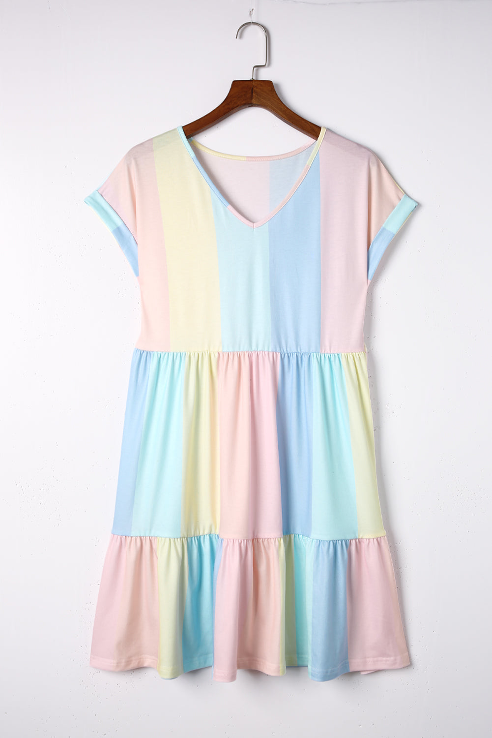 STUNNLY  Color Block V-Neck Short Sleeve Mini Dress   