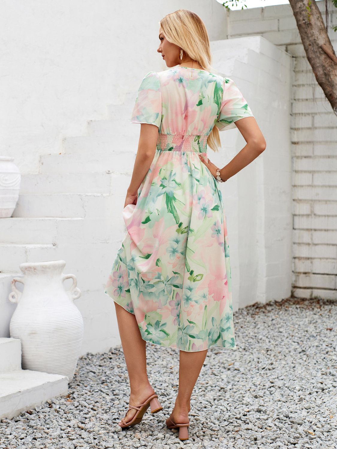 Printed V-Neck Short Sleeve Midi Dress   