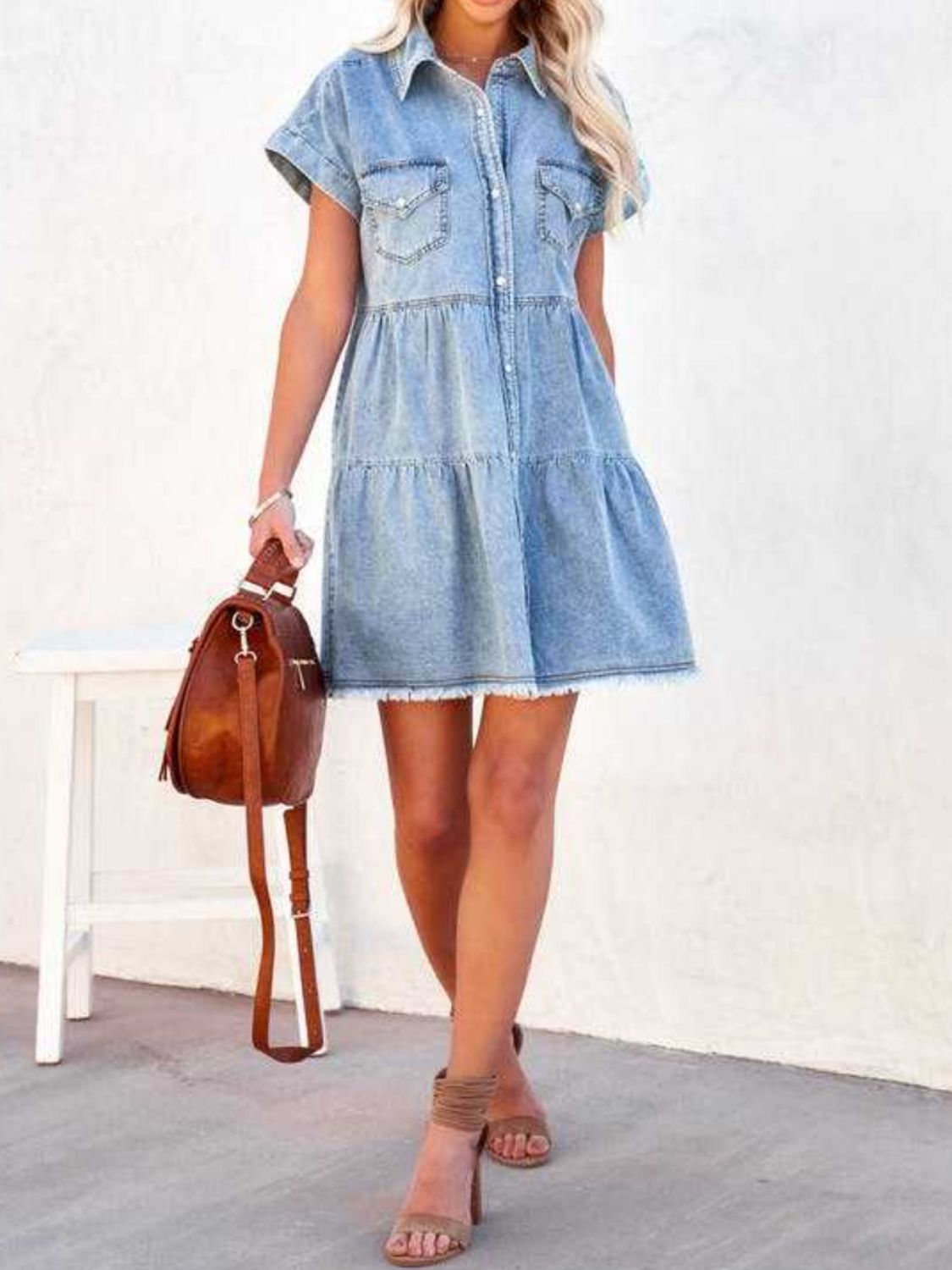 Raw Hem Short Sleeve Denim Dress   