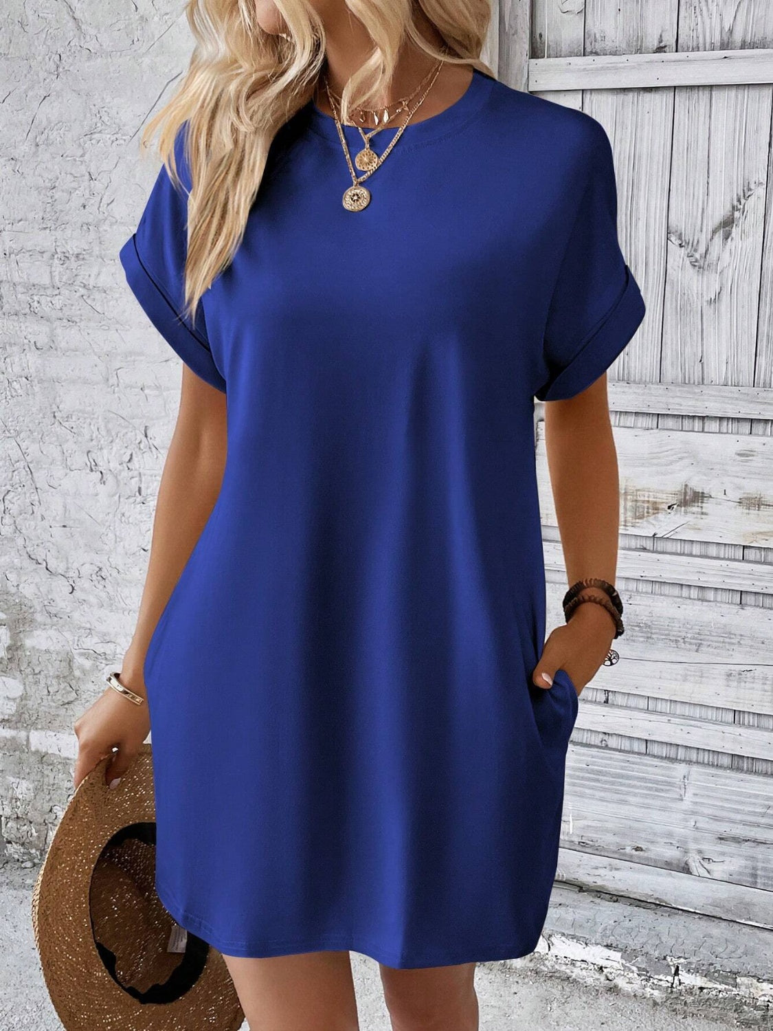 Round Neck Short Sleeve Mini Dress Dark Blue S 