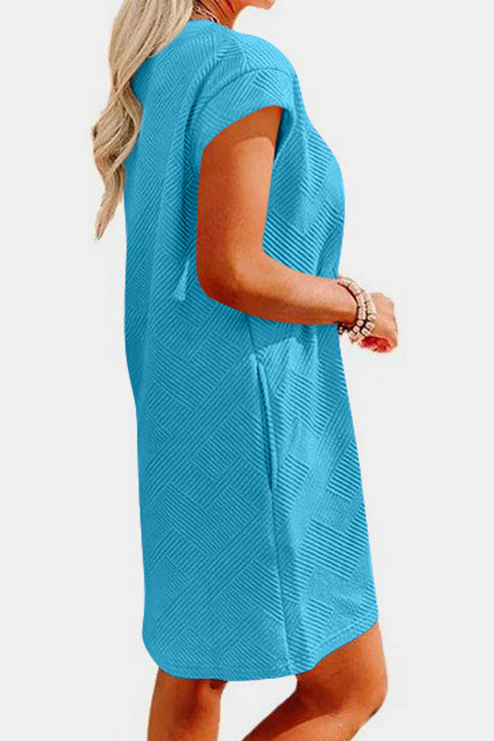 STUNNLY  Textured Round Neck Cap Sleeve Dress   