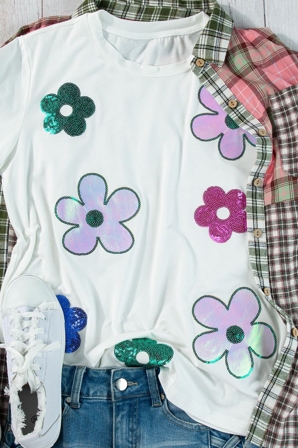 STUNNLY  Flower Round Neck Short Sleeve T-Shirt   