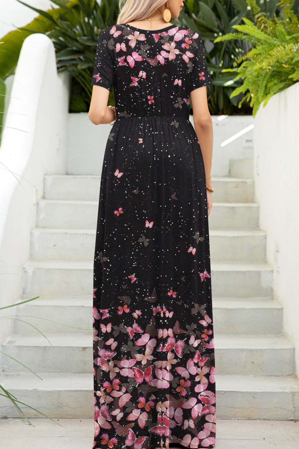 Printed Round Neck Short Sleeve Maxi Dress   