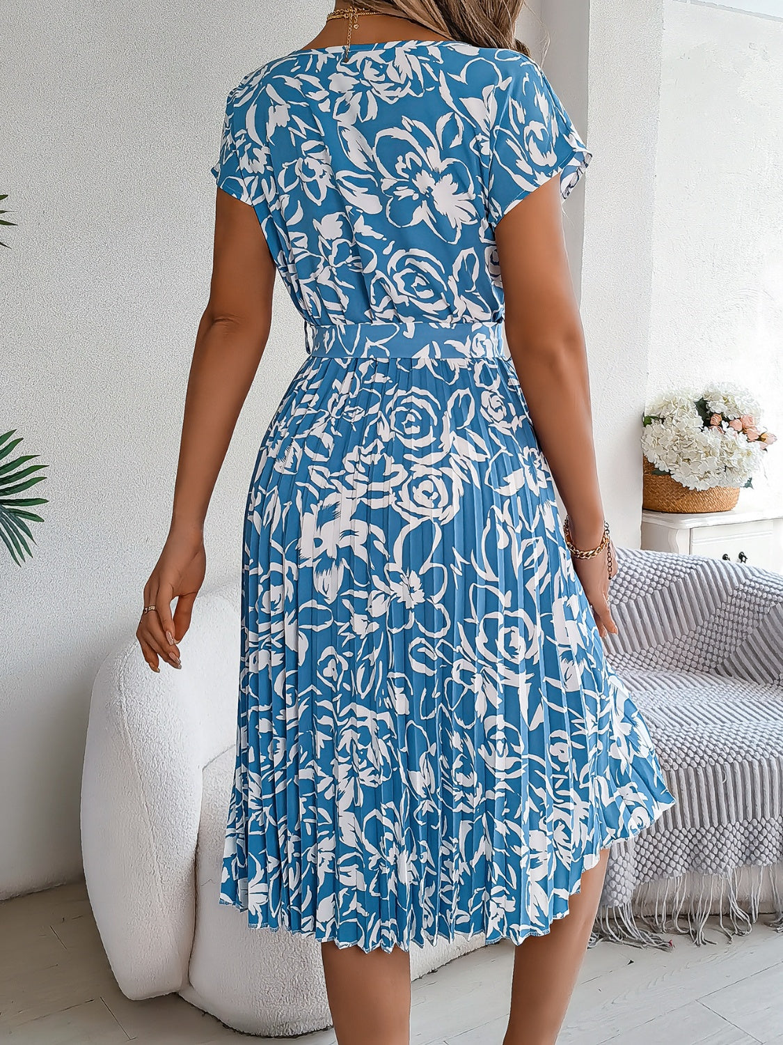 Tied Pleated Printed Short Sleeve Dress   