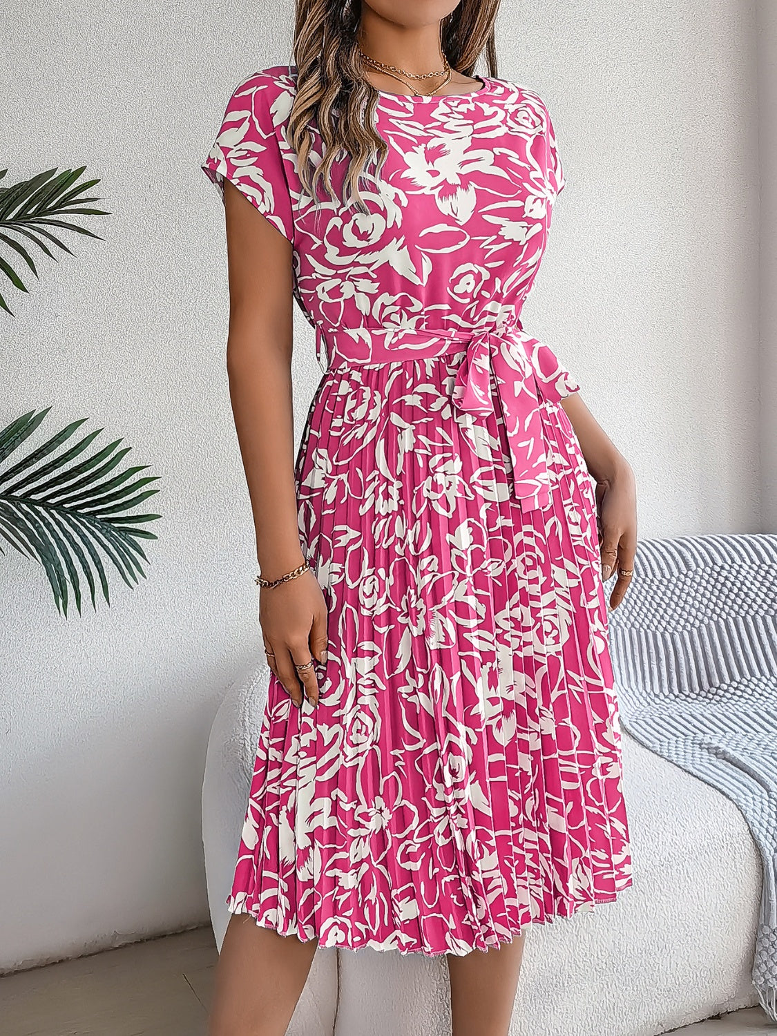 Tied Pleated Printed Short Sleeve Dress   