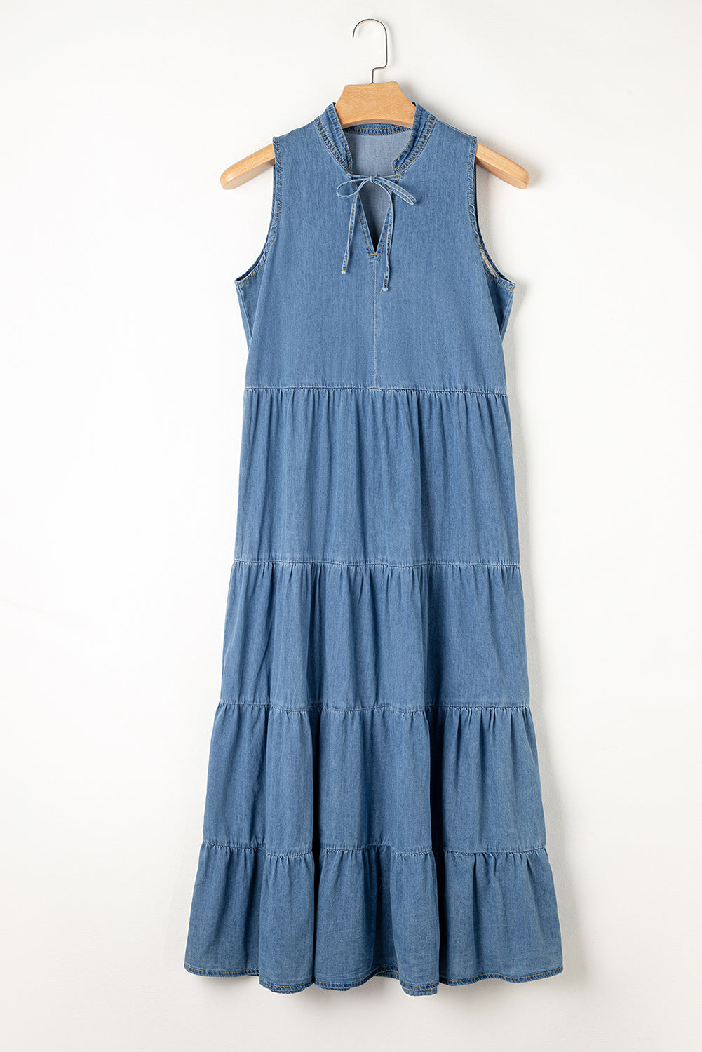 Tie Neck Sleeveless Denim Dress Light L 