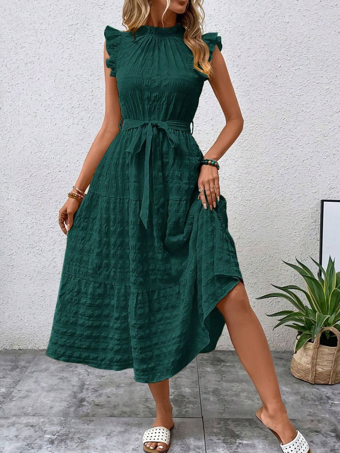 Tied Ruffled Cap Sleeve Midi Dress Dark Green S 