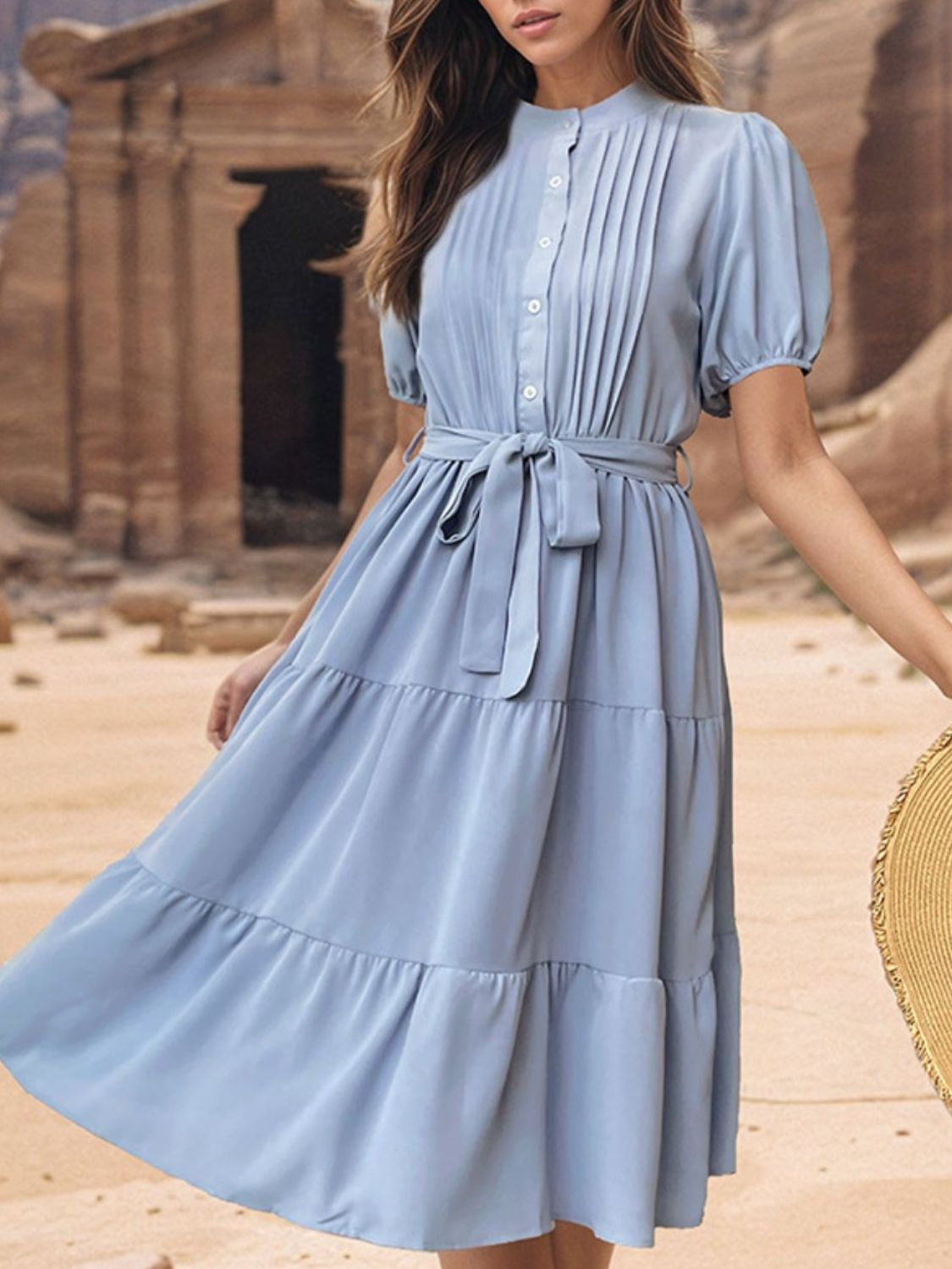 Tie Waist Puff Sleeve Midi Dress   