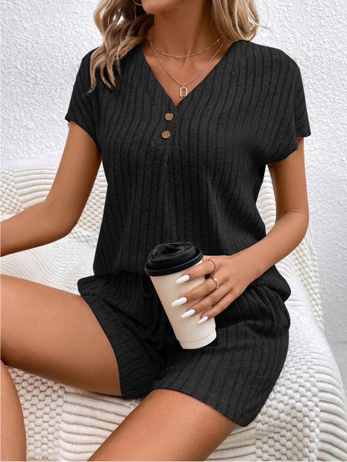 STUNNLY  Ribbed V-Neck Top and Shorts Set   