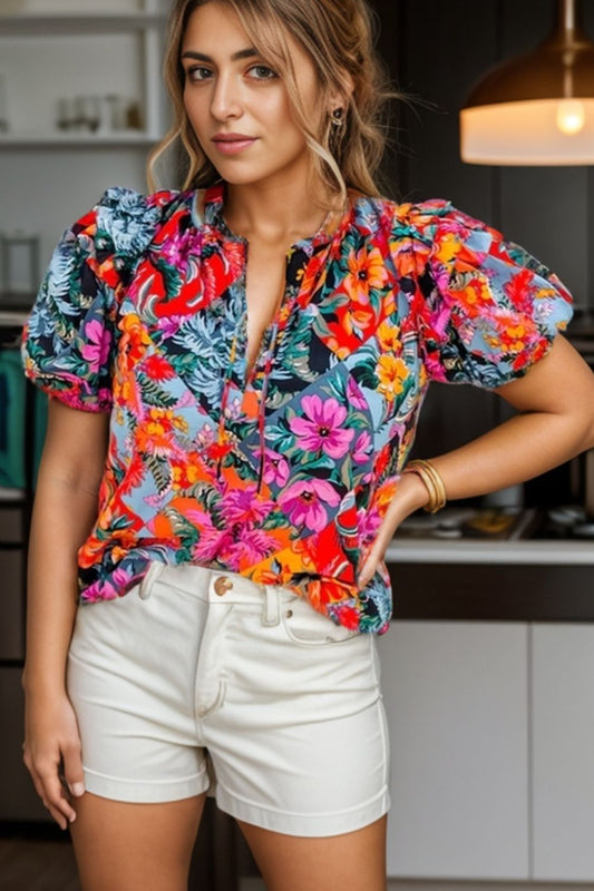 Ruffled Printed Tie Neck Short Sleeve Blouse Floral S 