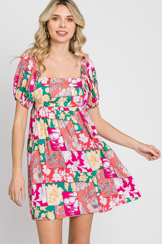 GeeGee Floral Ruff Sleeve Mini Dress Fuchsia S 