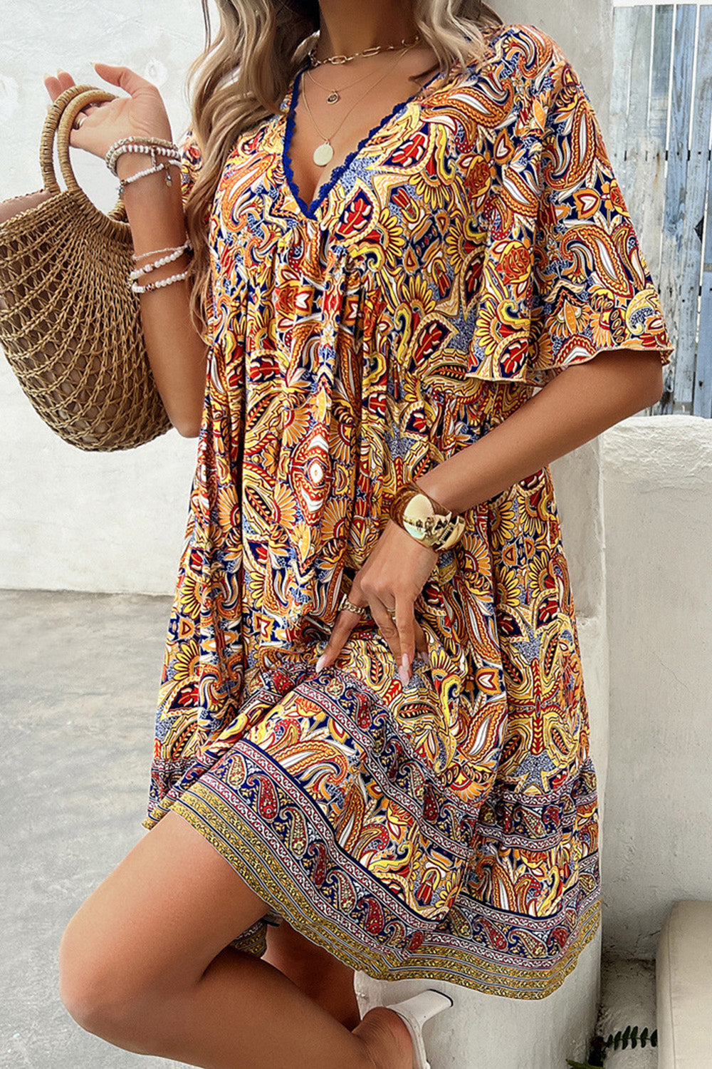 STUNNLY  Printed V-Neck Half Sleeve Mini Dress   